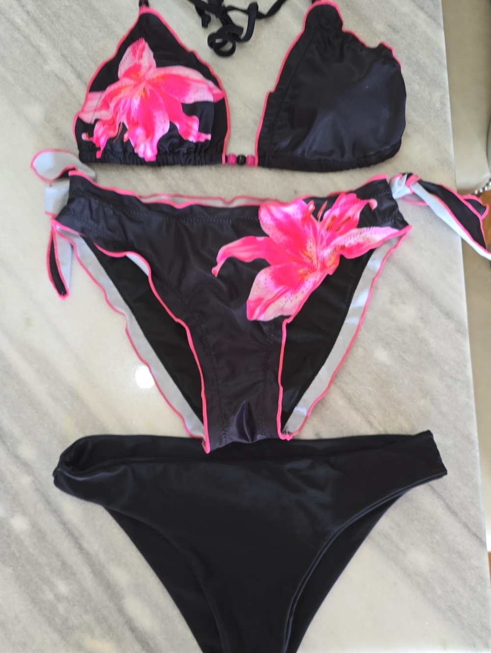 Black Bikini Set with Neon Pink Floral Accents